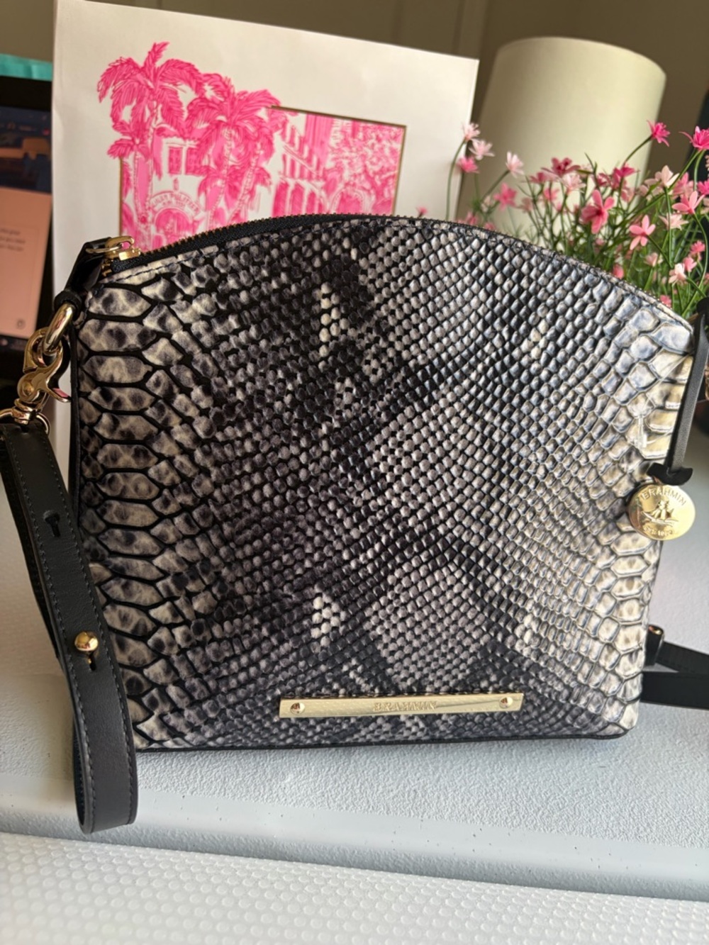 Black & Gray Snake-Print Crossbody Bag by Brahmin